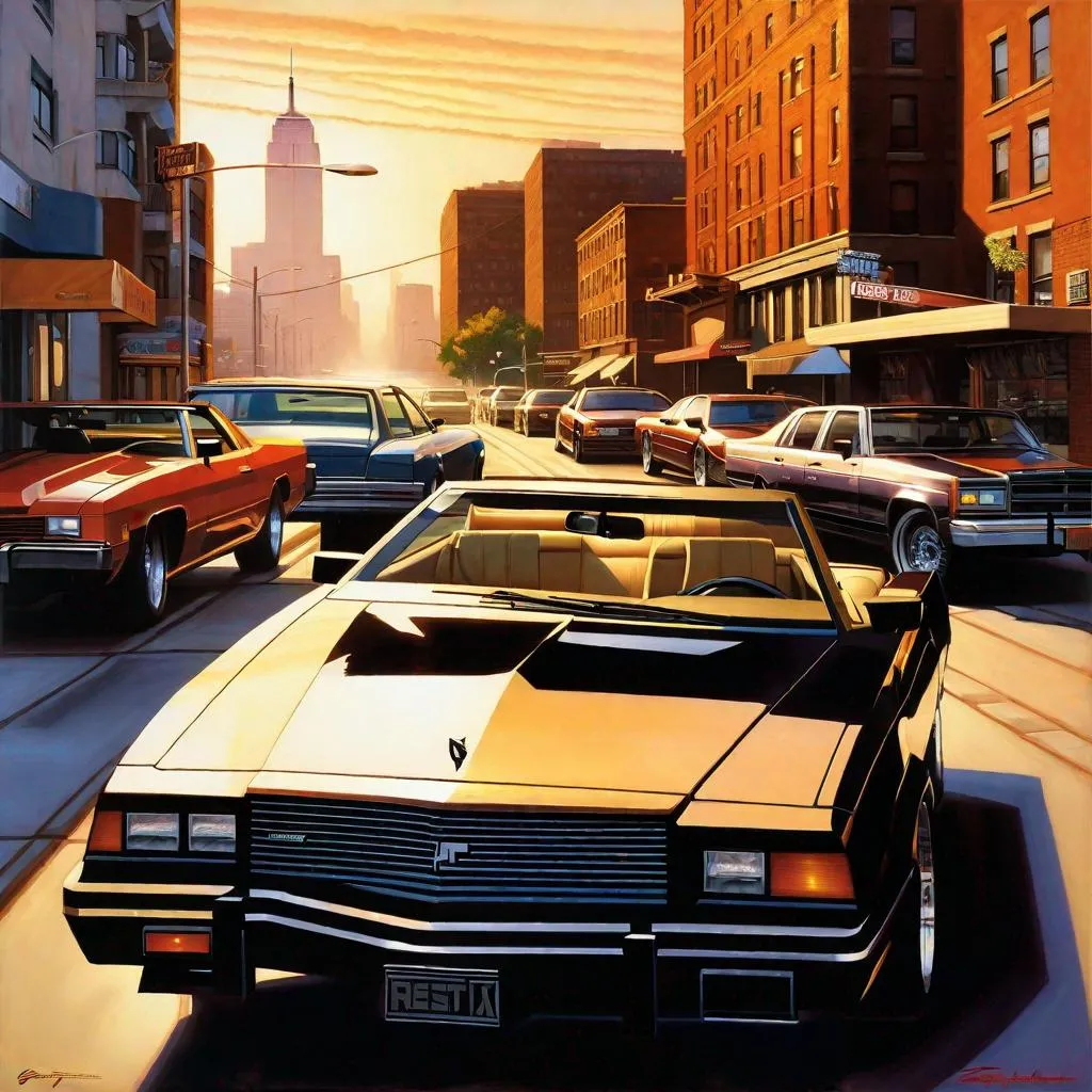 Prompt: Grand Theft Auto 3 poster, PS2, 2001, montage, realistic, extremely detailed painting by Greg Rutkowski by Steve Henderson 