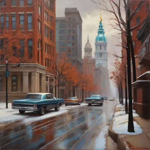 Prompt: Philadelphia, streets, skyscrapers, rust belt, cloudy skies, cold gloomy weather, leafless trees, hyperrealistic, extremely detailed painting by Greg Rutkowski by Steve Henderson 