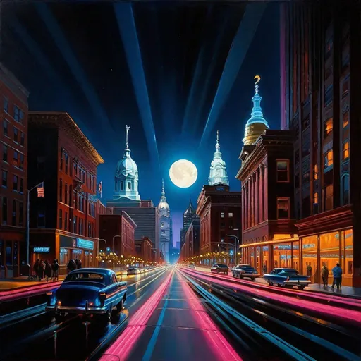 Prompt: Philadelphia at night, streets, skyscrapers in the background, 2020s, cyberpunk, neon, dark blue sky, moon, hyperrealistic, extremely detailed painting by Greg Rutkowski by Steve Henderson 