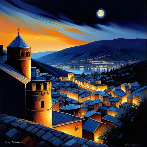 Prompt: Tbilisi at night, Narikala fortress, Old Tbilisi streets, dark blue sky, moon, realistic, extremely detailed painting by Greg Rutkowski by Steve Henderson 