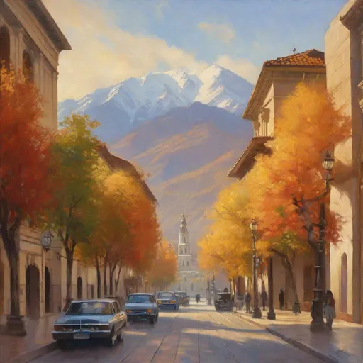 Prompt: Santiago historical center, streets, skyscrapers, mountains in the background, autumn, cold weather, hyperrealistic, extremely detailed painting by Greg Rutkowski by Steve Henderson 