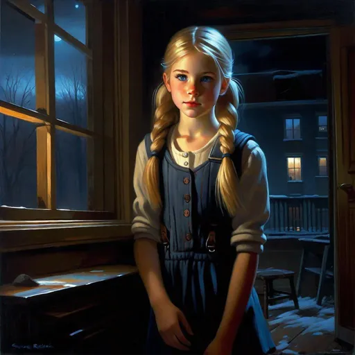 Prompt: A 13 years old Russian-American girl, pale skin, freckles, blonde hair, pigtails, blue eyes, cold weather, night, abandoned apartment, creepy, spooky, dark figure in the background, dark brown atmosphere, full body, third-person, gameplay, photorealistic, extremely detailed painting by Greg Rutkowski by Steve Henderson