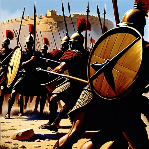 Prompt: Mycenaean Greek infantry besieging Troy, Trojan horse, circa 1200 b.c.,  Late Bronze Age, boar tusk helmets, bronze swords, Dendra panoply, figure-of-eight shield, war charriots, flames, arrows, fortress on a hill, sunny weather, hyperrealistic, extremely detailed painting by Greg Rutkowski by Steve Henderson