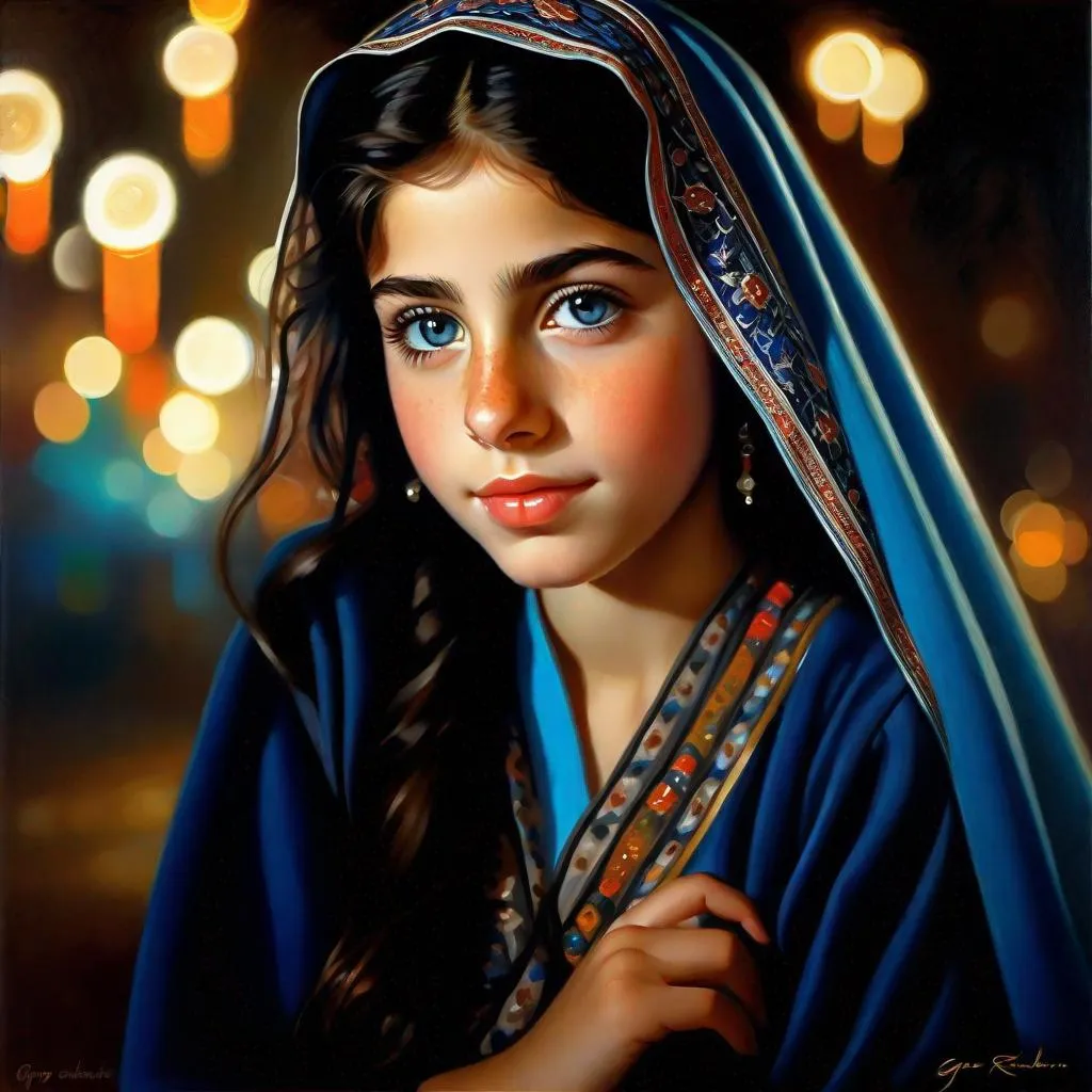 Prompt: A 13 years old Iranian girl, pale skin, freckles, black hair, pigtails, blue eyes, traditional Persian dress, Tehran at night, photorealistic, extremely detailed painting by Greg Rutkowski by Steve Henderson