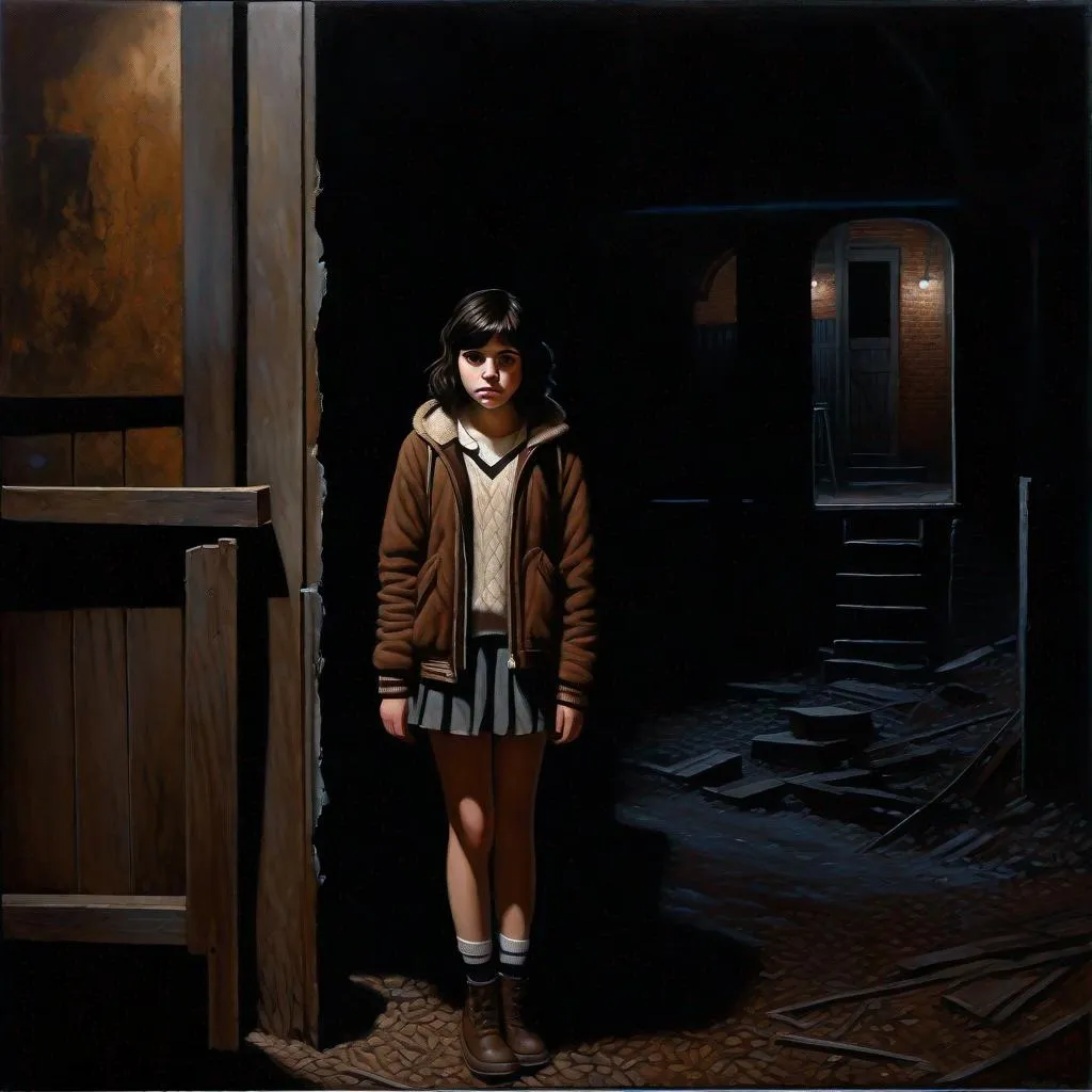 Prompt: A 13 years old Castizo Uruguayan girl, pale skin, freckles, black hair, short wavy hair, bangs, brown eyes, cold weather, night, abandoned theatre, dirty, creepy, spooky, mysterious figure in the background, dark brown atmosphere, full body, third-person, full body portrait, photorealistic, extremely detailed painting by Greg Rutkowski by Steve Henderson
