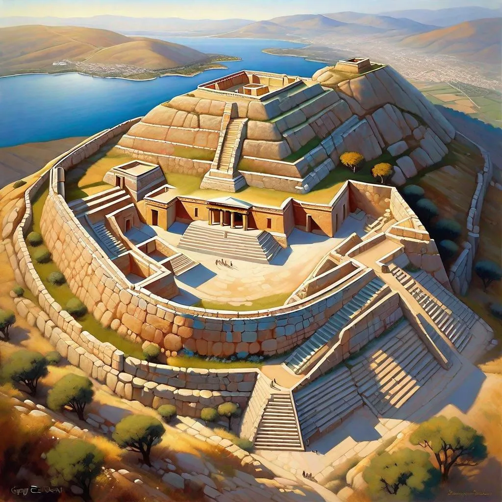 Prompt: Aerial view of Mycenae citadel, large cyclopean walls, Grave Circle A, merchants, guards, Mycenaean palace complex on hill, Late Bronze Age, historical reconstruction, sunny weather, hyperrealistic, extremely detailed painting by Greg Rutkowski by Steve Henderson