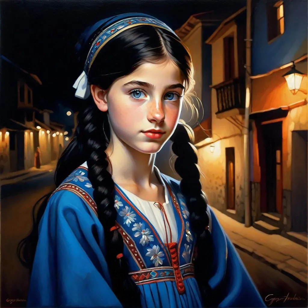 Prompt: A 13 years old Georgian girl, pale skin, freckles, black hair, pigtails, blue eyes, traditional Kartvelian dress, Tbilisi at night, photorealistic, extremely detailed painting by Greg Rutkowski by Steve Henderson