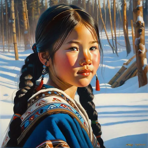 Prompt: A 13 years old Yakut girl, pale skin, freckles, black hair, pigtails, brown eyes, traditional Yakut dress, Yakutsk, photorealistic, extremely detailed painting by Greg Rutkowski by Steve Henderson