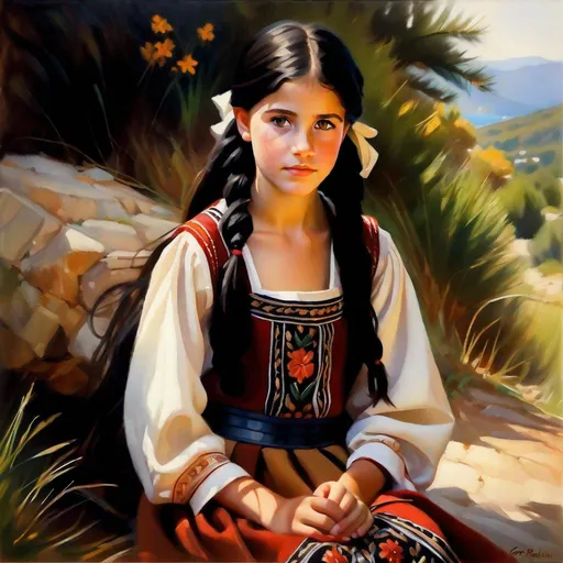 Prompt: A 13 years old Montenegrin girl, pale skin, freckles, black hair, pigtails, brown eyes, traditional Montenegrin dress, Montenegro, photorealistic, extremely detailed painting by Greg Rutkowski by Steve Henderson