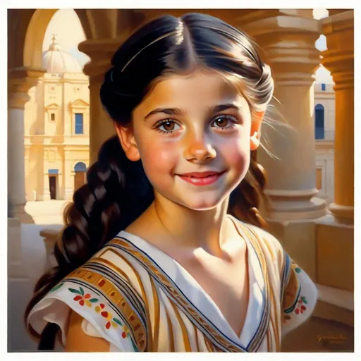 Prompt: A 13 years old Maltese girl, pale skin, freckles, black hair, pigtails, brown eyes, traditional Maltese dress, Valletta, photorealistic, extremely detailed painting by Greg Rutkowski by Steve Henderson