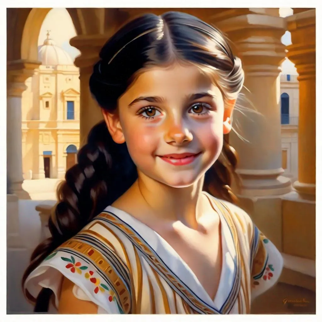 Prompt: A 13 years old Maltese girl, pale skin, freckles, black hair, pigtails, brown eyes, traditional Maltese dress, Valletta, photorealistic, extremely detailed painting by Greg Rutkowski by Steve Henderson