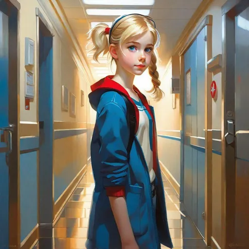 Prompt: A 13 years old Russian-American girl, pale skin, freckles, blonde hair, pigtails, blue eyes, cold weather, night, hospital corridor, full body portrait, anime style, Persona 5, extremely detailed painting by Greg Rutkowski by Steve Henderson