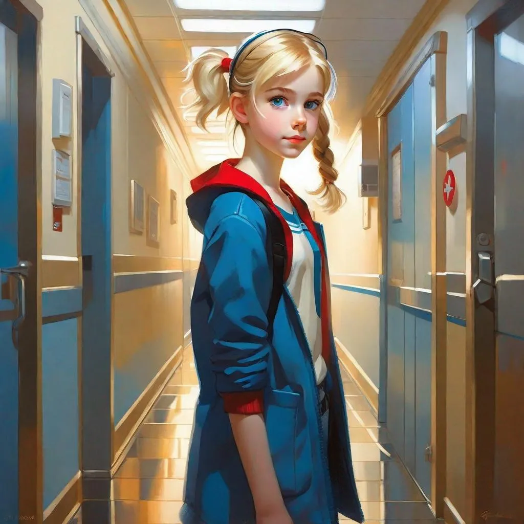 Prompt: A 13 years old Russian-American girl, pale skin, freckles, blonde hair, pigtails, blue eyes, cold weather, night, hospital corridor, full body portrait, anime style, Persona 5, extremely detailed painting by Greg Rutkowski by Steve Henderson