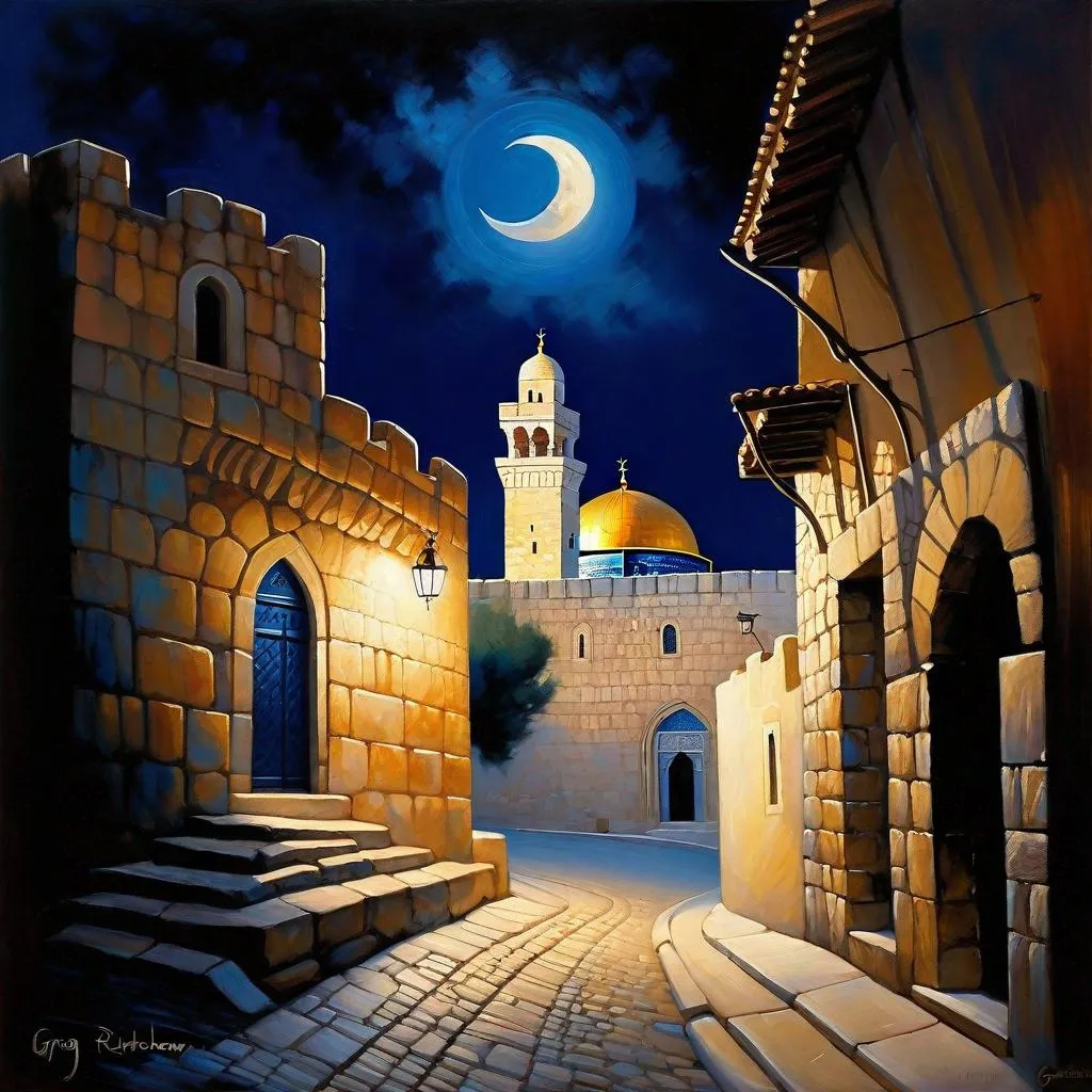 Prompt: Jerusalem at night, fortress, Old Jerusalem streets, dark blue sky, moon, realistic, extremely detailed painting by Greg Rutkowski by Steve Henderson 