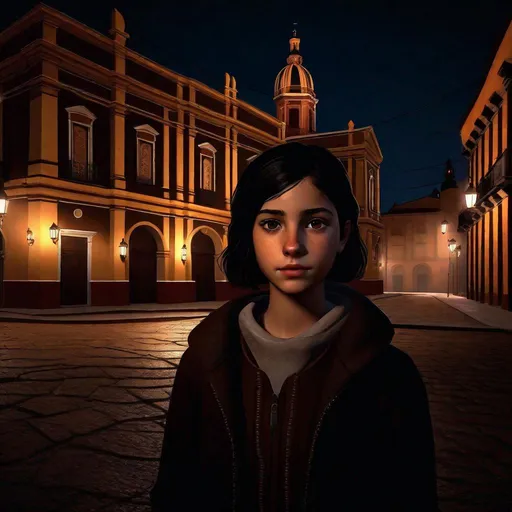 Prompt: A 13 years old Castizo Uruguayan girl, pale skin, freckles, black hair, short hair, brown eyes, cold weather, night, downtown, Spanish colonial architecture, plaza, baroque cathedral in the background, neon signs, creepy, spooky, dark figure in the background, dark brown atmosphere, full body, third-person, gameplay, full body portrait, photorealistic, extremely detailed painting by Greg Rutkowski by Steve Henderson