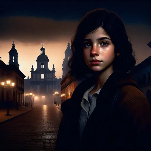 Prompt: A 13 years old Castizo Uruguayan girl, pale skin, freckles, black hair, short hair, foggy, brown eyes, cold weather, night, downtown, Spanish colonial architecture, plaza, baroque cathedral in the background, creepy, dark brown atmosphere, dark blue skies, full body, third-person, gameplay, full body portrait, photorealistic, extremely detailed painting by Greg Rutkowski by Steve Henderson