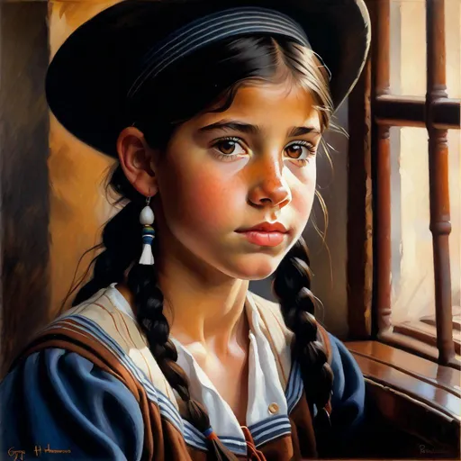 Prompt: A 13 years old Argentinian Castizo girl, pale skin, freckles, black hair, pigtails, brown eyes, traditional Gaucho dress, Buenos Aires, Argentina, photorealistic, extremely detailed painting by Greg Rutkowski by Steve Henderson