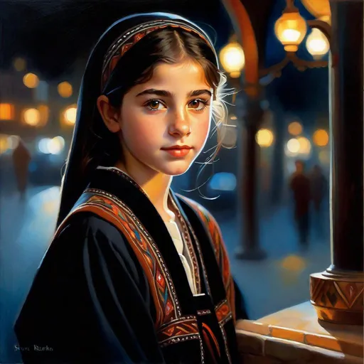 Prompt: A 13 years old Turkish girl, pale skin, freckles, black hair, pigtails, brown eyes, traditional Turkish dress, Istanbul at night, photorealistic, extremely detailed painting by Greg Rutkowski by Steve Henderson