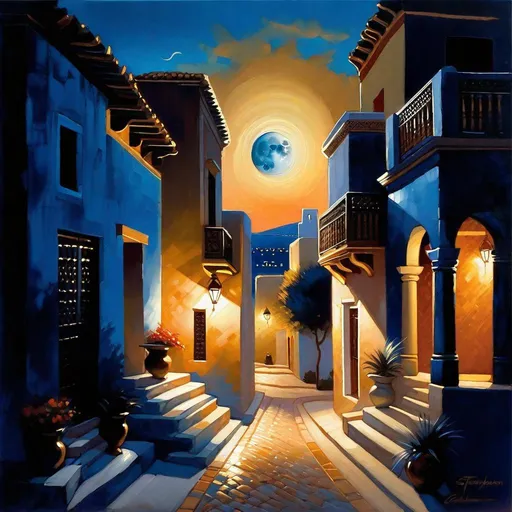 Prompt: Carthage at night, Ancient Carthage streets, dark blue sky, moon, realistic, extremely detailed painting by Greg Rutkowski by Steve Henderson 