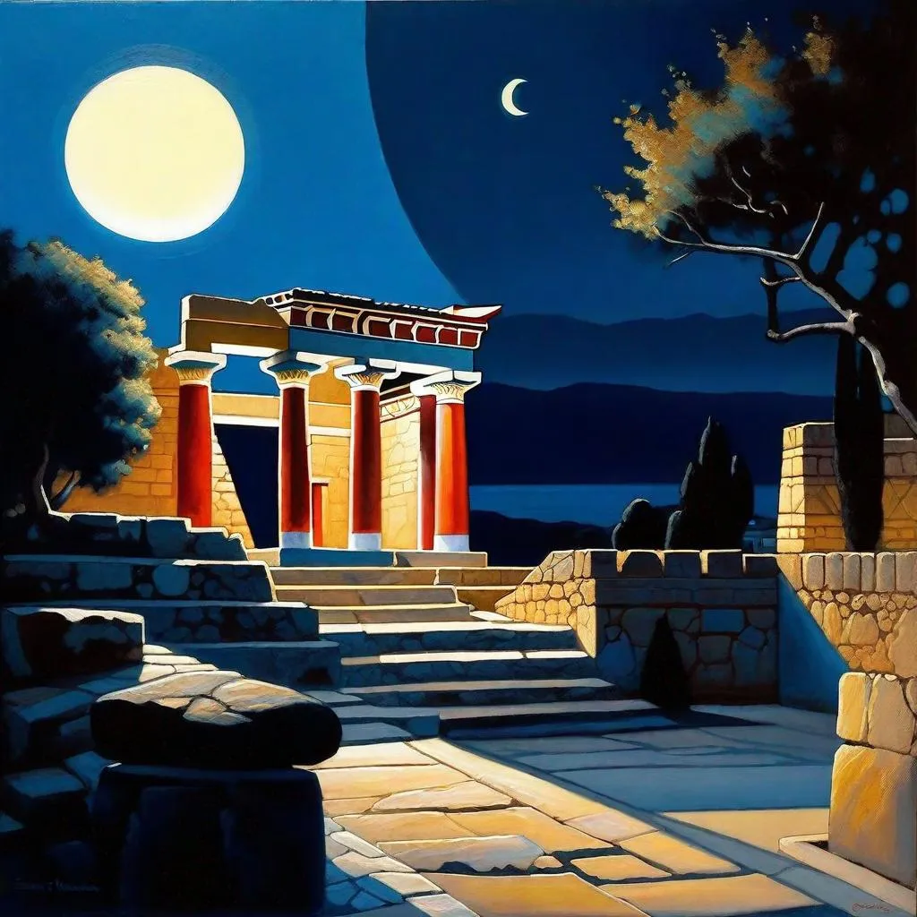 Prompt: Knossos at night, Knossos Palace, streets, bronze age, minotaur, dark blue sky, moon, realistic, extremely detailed painting by Greg Rutkowski by Steve Henderson 