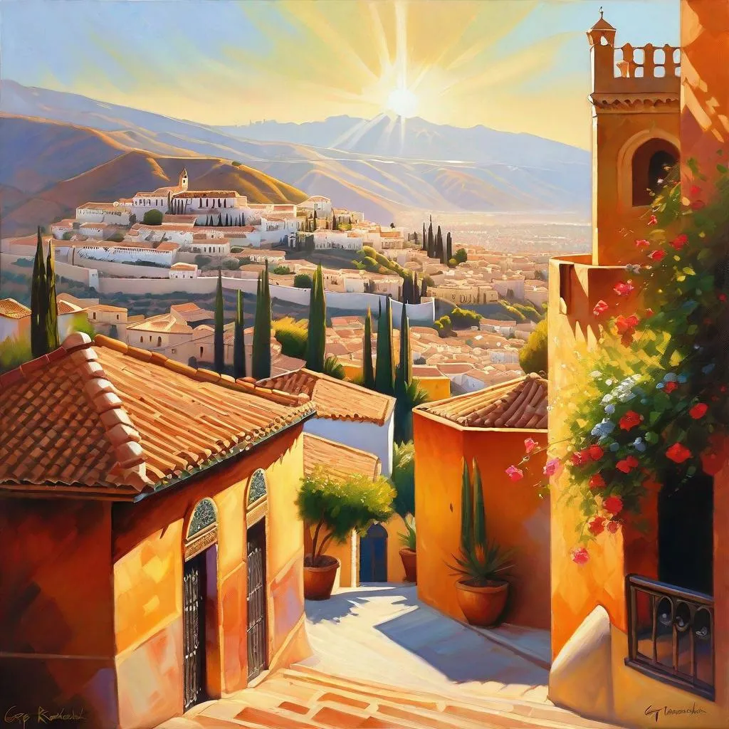 Prompt: Granada, streets, mountains in the background, fortress on a hill, sunny, hot weather, hyperrealistic, extremely detailed painting by Greg Rutkowski by Steve Henderson 