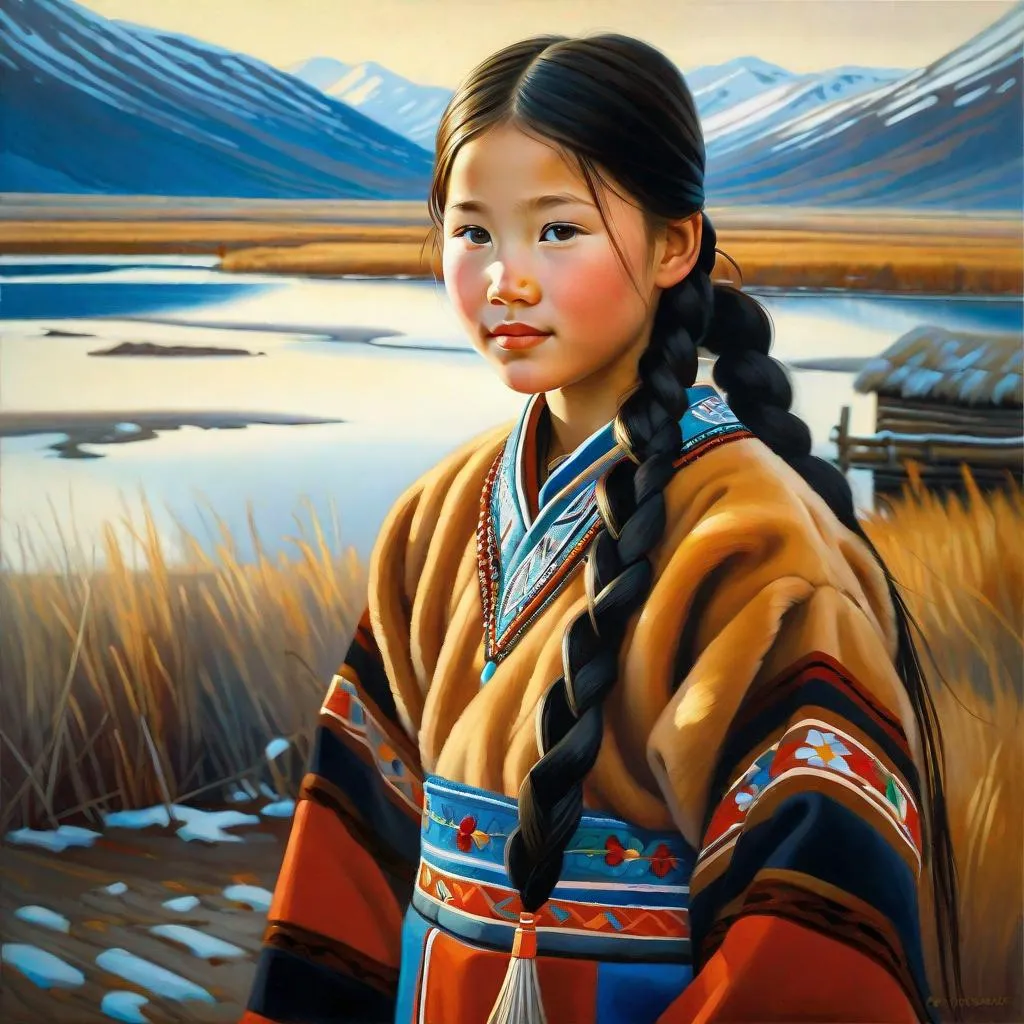 Prompt: A 13 years old Yakut girl, pale skin, freckles, black hair, pigtails, brown eyes, traditional Yakut dress, Yakutsk, photorealistic, extremely detailed painting by Greg Rutkowski by Steve Henderson