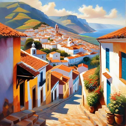 Prompt: Minas Gerais town, colonial Portuguese architecture, barroque churches, mountains in the background, town on a hill, sunny weather, hyperrealistic, extremely detailed painting by Greg Rutkowski by Steve Henderson 