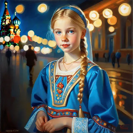Prompt: A 13 years old Russian girl, pale skin, freckles, blond hair, pigtails, blue eyes, traditional Russian dress, Moscow at night, photorealistic, extremely detailed painting by Greg Rutkowski by Steve Henderson