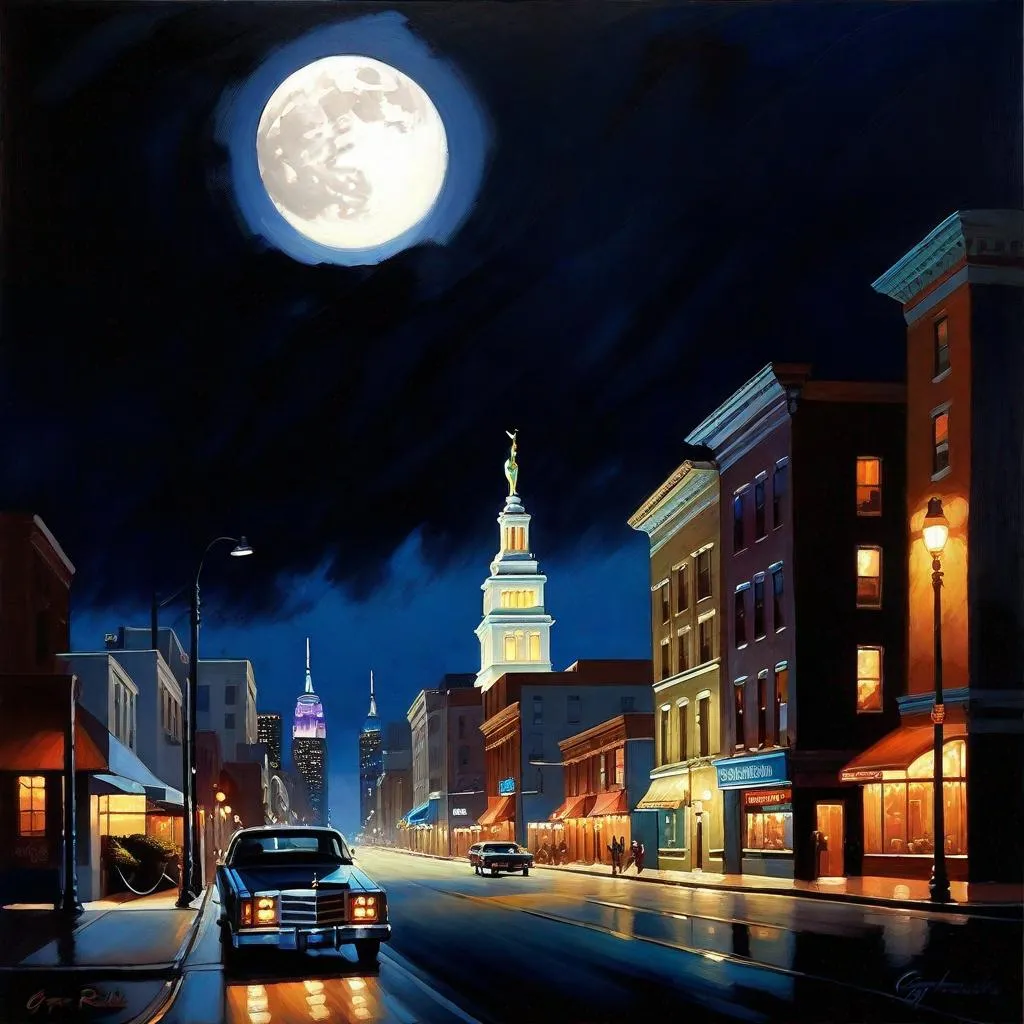 Prompt: Liberty City at night, streets, dark blue sky, moon, realistic, extremely detailed painting by Greg Rutkowski by Steve Henderson 