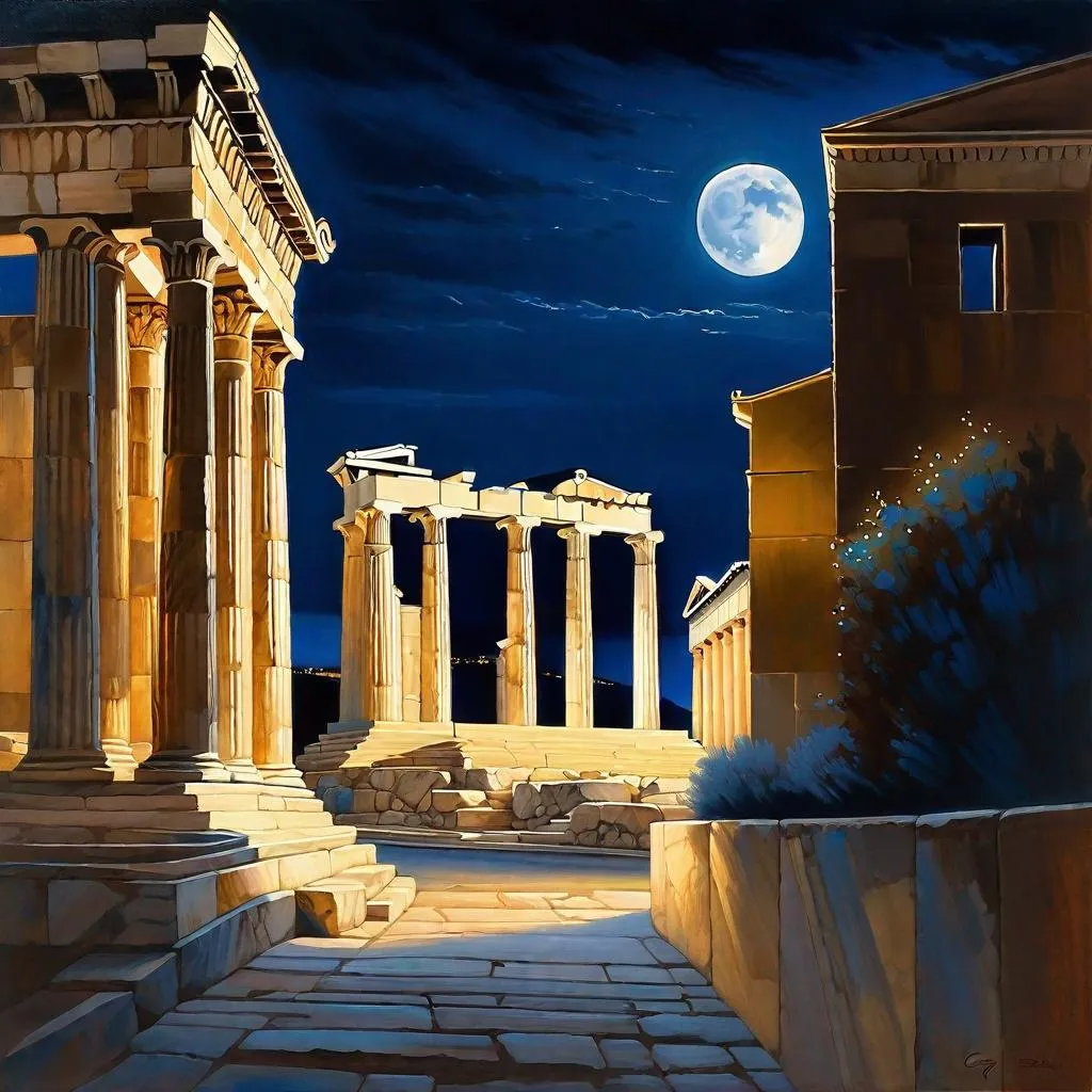 Prompt: Athens at night, Acropolis, Old Athens streets, dark blue sky, moon, realistic, extremely detailed painting by Greg Rutkowski by Steve Henderson 