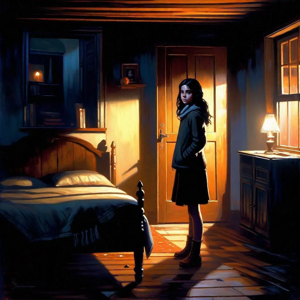 Prompt: A 13 years old Castizo Uruguayan girl, pale skin, freckles, black hair, brown eyes, cold weather, night, abandoned apartment, interior, creepy, spooky, dark figure in the background, dark brown atmosphere, full body, third-person, gameplay, full body portrait, photorealistic, extremely detailed painting by Greg Rutkowski by Steve Henderson