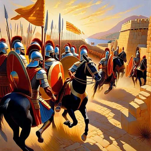 Prompt: Mycenaean Greek soldiers besieging Troy, Trojan horse, circa 1200 b.c.,  Late Bronze Age, boar tusk helmets, bronze swords, flames, arrows, fortress on a hill, sunny weather, hyperrealistic, extremely detailed painting by Greg Rutkowski by Steve Henderson