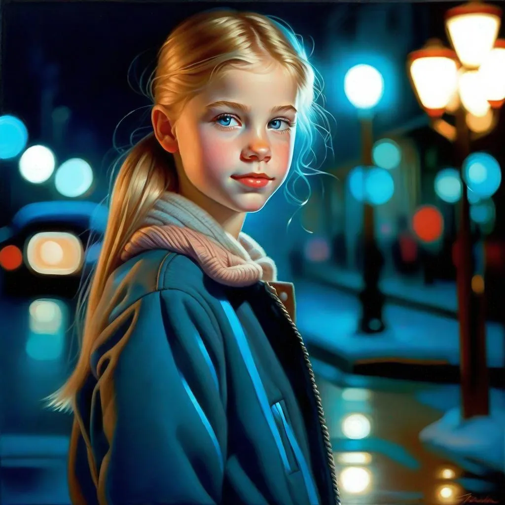 Prompt: A 13 years old Russian-American girl, pale skin, freckles, blonde hair, pigtails, icy blue eyes, cold weather, night, wandering in the streets, full body portrait, photorealisitc style, extremely detailed painting by Greg Rutkowski by Steve Henderson