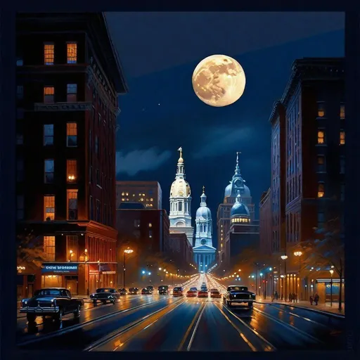 Prompt: Philadelphia at night, streets, skyscrapers in the background, 2020s, dark blue sky, moon, realistic, extremely detailed painting by Greg Rutkowski by Steve Henderson 