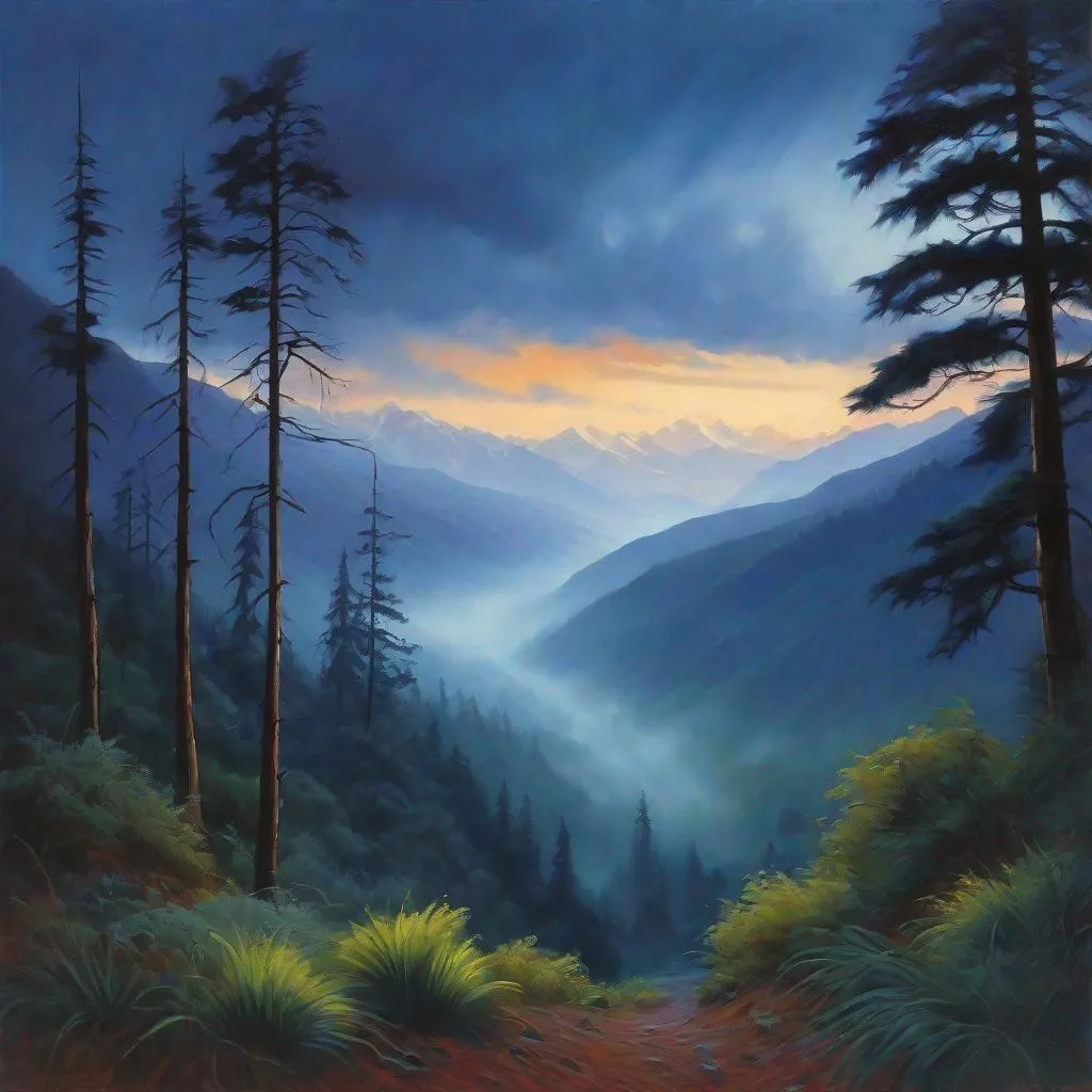 Prompt: Chile, forests, mist, mountains in the background, rainy, cool weather, dark blue skyes, blue hour, hyperrealistic, extremely detailed painting by Greg Rutkowski by Steve Henderson 