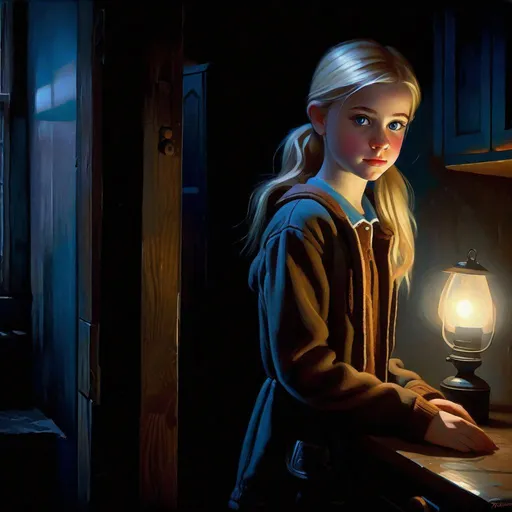 Prompt: A 13 years old Russian-American girl, pale skin, freckles, blonde hair, pigtails, blue eyes, cold weather, night, abandoned apartment, creepy, spooky, dark figure in the background, dark brown atmosphere, full body, third-person, gameplay, photorealistic, extremely detailed painting by Greg Rutkowski by Steve Henderson