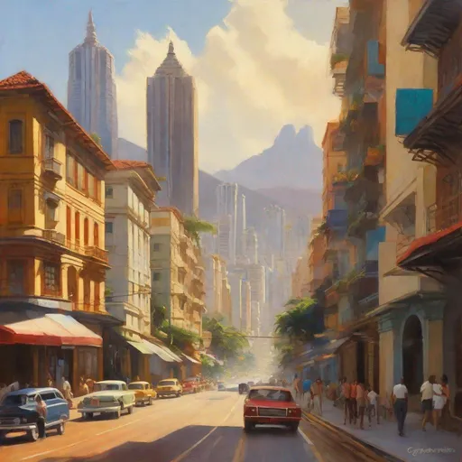 Prompt: São Paulo historical center, streets, skyscrapers, mountains in the background, sunny, hot weather, hyperrealistic, extremely detailed painting by Greg Rutkowski by Steve Henderson 