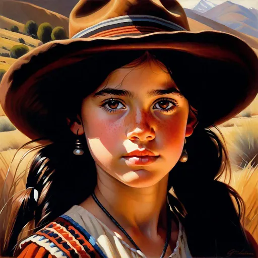 Prompt: A 13 years old Argentinian Castizo girl, pale skin, freckles, black hair, pigtails, brown eyes, traditional Gaucho dress, Andes Mountains, photorealistic, extremely detailed painting by Greg Rutkowski by Steve Henderson