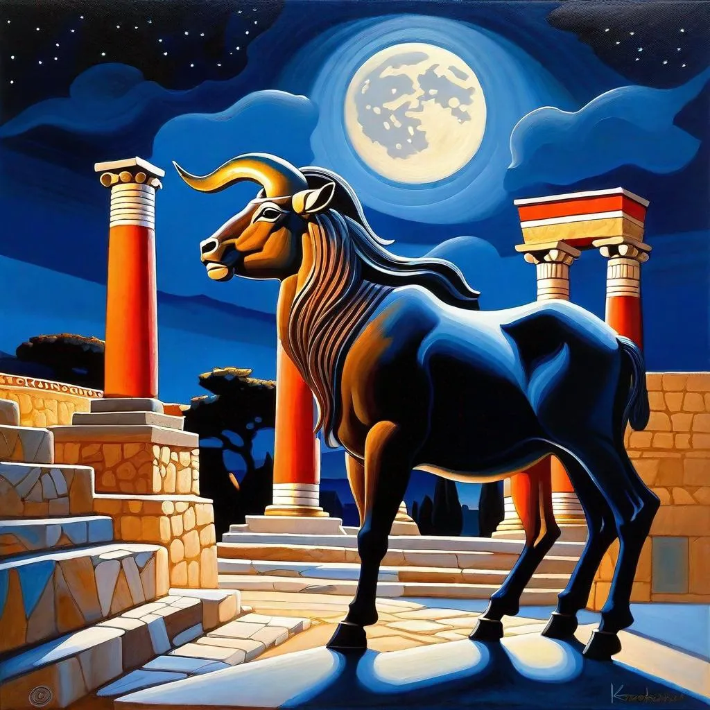 Prompt: Knossos at night, Knossos Palace, streets, bronze age, minotaur in the background, dark blue sky, moon, realistic, extremely detailed painting by Greg Rutkowski by Steve Henderson 