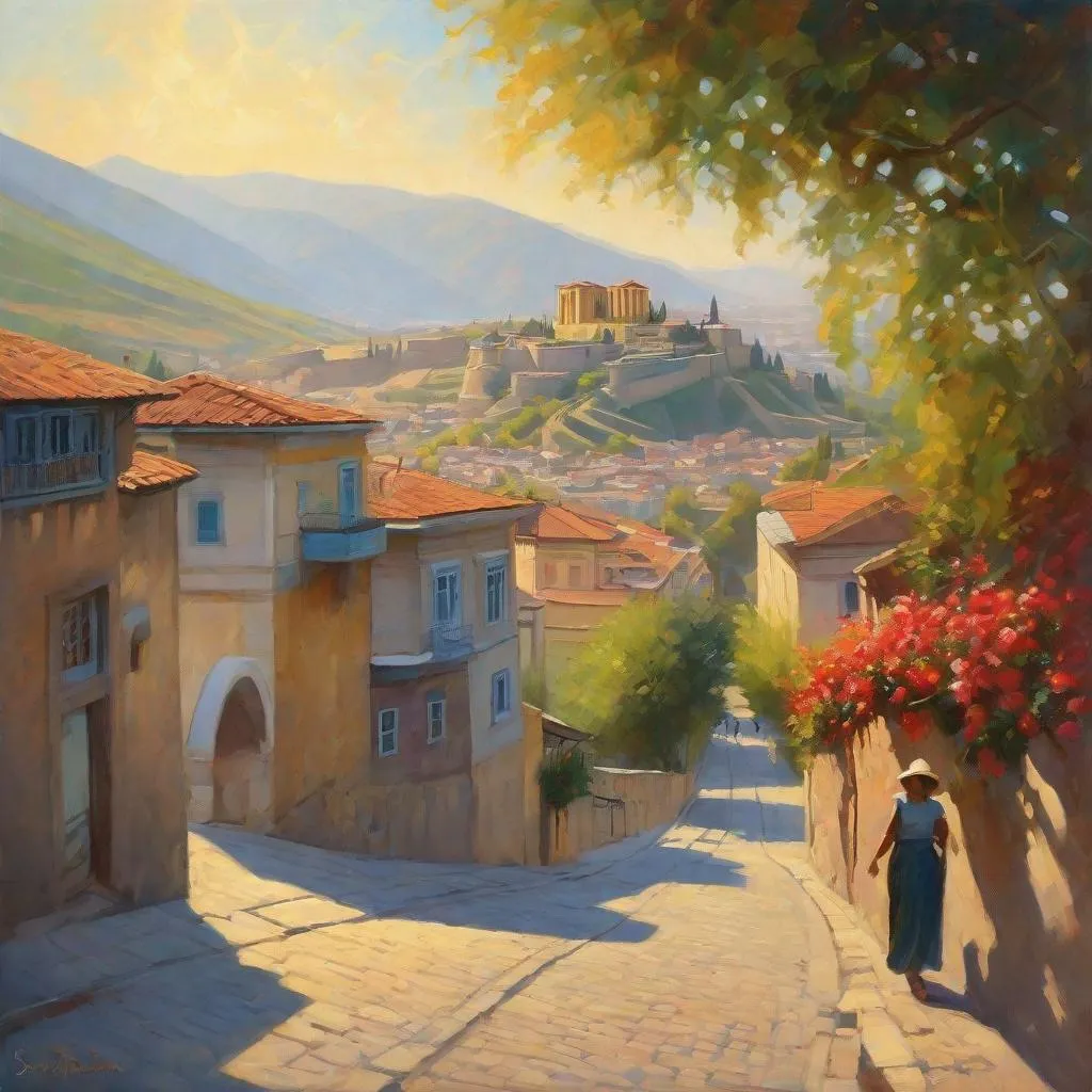 Prompt: Tbilisi, streets, mountains in the background, fortress on a hill, sunny, hot weather, hyperrealistic, extremely detailed painting by Greg Rutkowski by Steve Henderson 