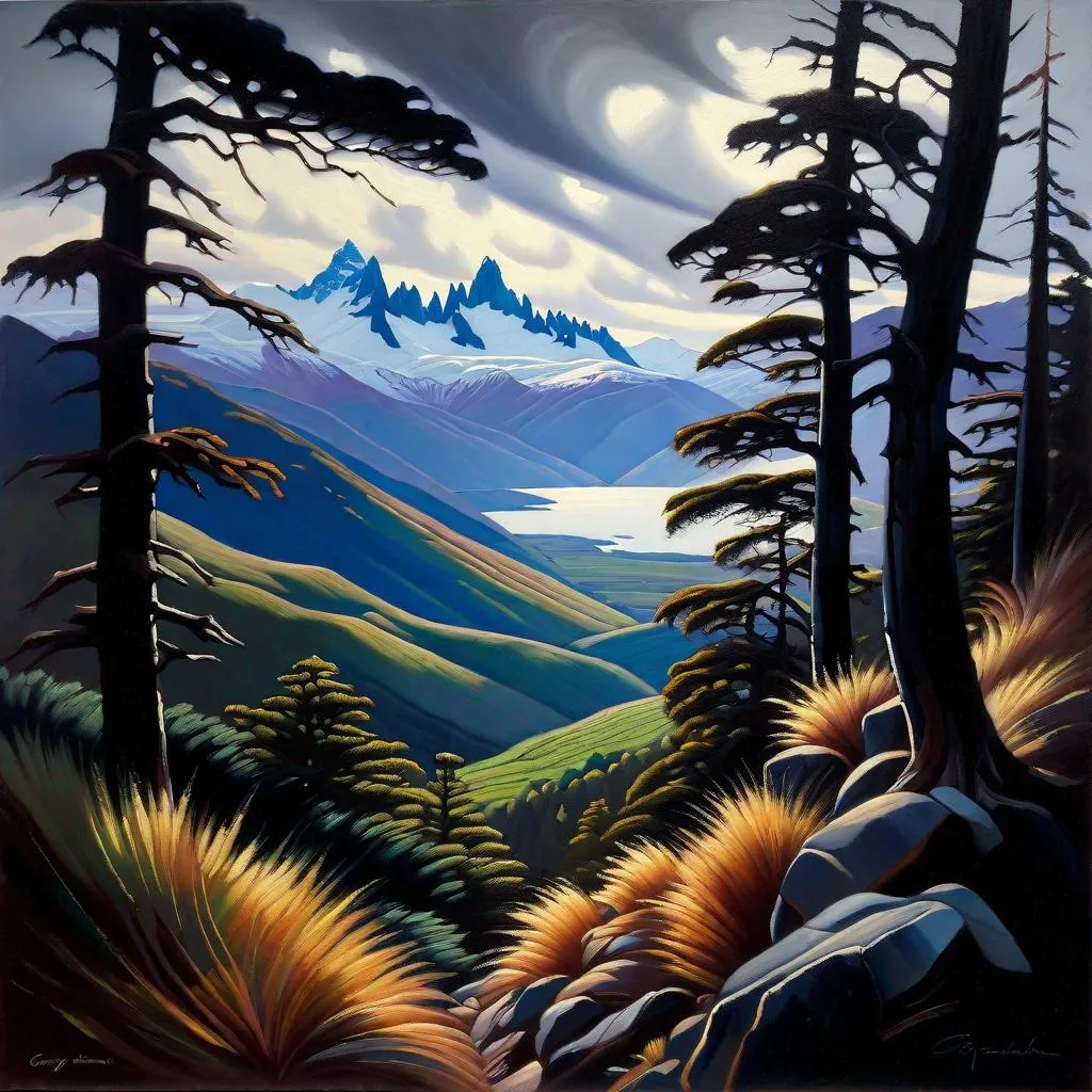 Prompt: Cordoban forests and mountains, oceanic climate, dark blue sky, overcast, Patagonia, photorealistic, extremely detailed painting by Greg Rutkowski by Steve Henderson