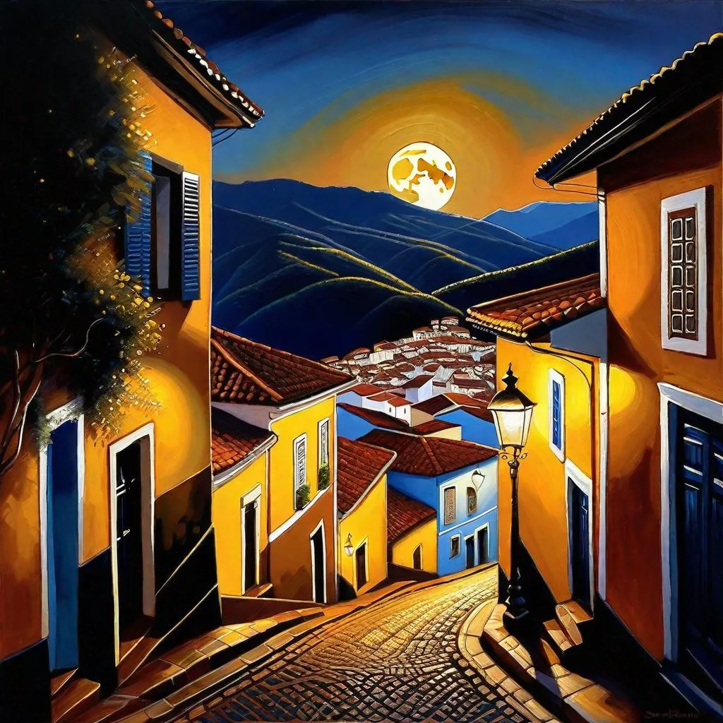 Prompt: Ouro Preto at night, Ouro Preto streets, mountains in the background, dark blue sky, moon, realistic, extremely detailed painting by Greg Rutkowski by Steve Henderson 