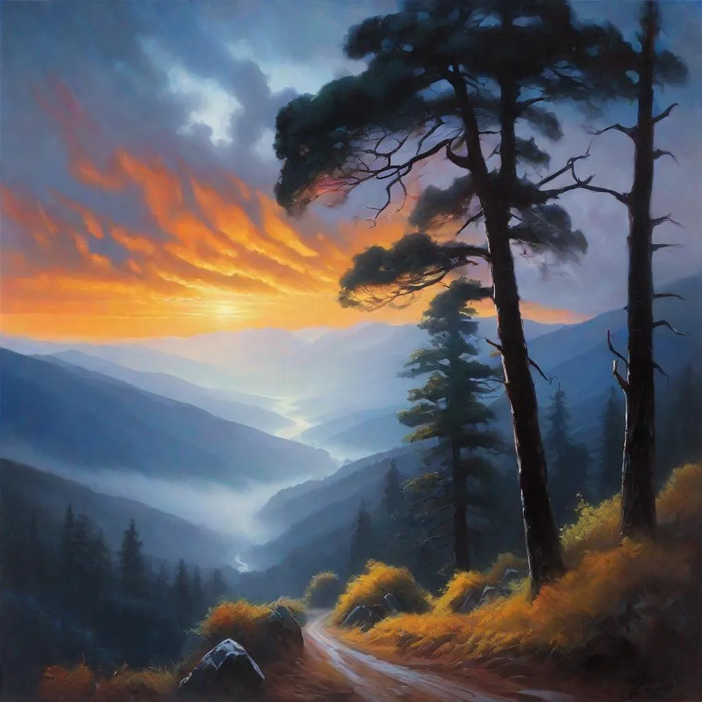 Prompt: Argentina, forests, mist, mountains in the background, rainy, cool weather, dark blue skyes, night, hyperrealistic, extremely detailed painting by Greg Rutkowski by Steve Henderson 