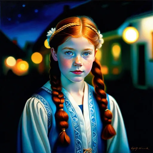 Prompt: A 13 years old Icelandic girl, pale skin, freckles, ginger hair, pigtails, blue eyes, traditional Icelandic dress, Reykjavík at night, photorealistic, extremely detailed painting by Greg Rutkowski by Steve Henderson