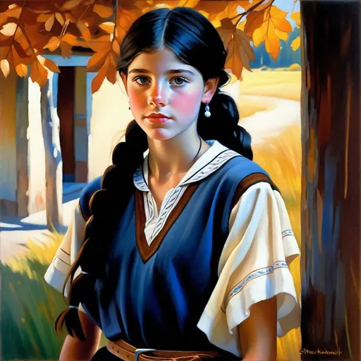 Prompt: A 13 years old Argentinian Castizo girl, pale skin, freckles, black hair, pigtails, brown eyes, traditional Gaucho dress, Tierra del Fuego, photorealistic, extremely detailed painting by Greg Rutkowski by Steve Henderson
