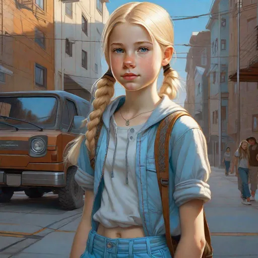 Prompt: A full body portrait of a 13 years old Russian-American girl, pale skin, freckles, blonde hair, pigtails, icy blue eyes, street clothes, shorts, sketch, drawing, concept art, extremely detailed by Greg Rutkowski.