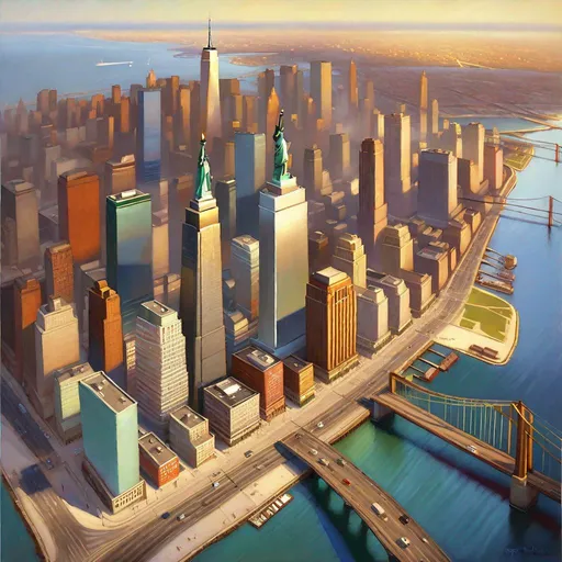 Prompt: Aerial view of Liberty City, GTA IV, realistic, extremely detailed painting by Greg Rutkowski by Steve Henderson 