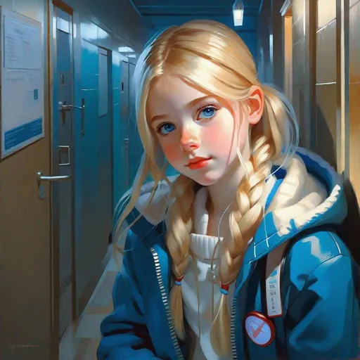 Prompt: A 13 years old Russian-American girl, pale skin, freckles, blonde hair, pigtails, blue eyes, cold weather, night, hospital corridor, full body portrait, anime style, Persona 5, extremely detailed painting by Greg Rutkowski by Steve Henderson