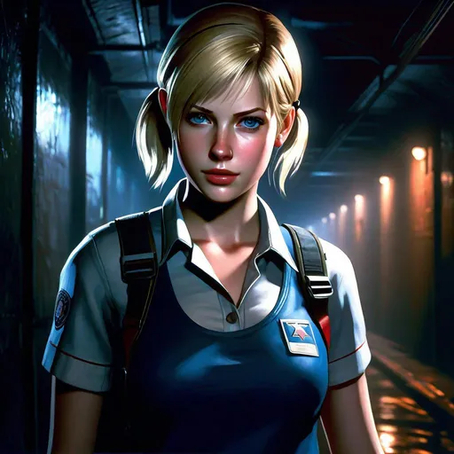 Prompt: Sherry Birkin from Resident Evil 2 Remake, 12 years old girl, pale skin, freckles, blonde hair, pigtails, icy blue eyes, underground maintenance tunnels, night, full body portrait, dark atmosphere, Mr. X in the background, photorealisitc style, extremely detailed painting by Greg Rutkowski by Steve Henderson