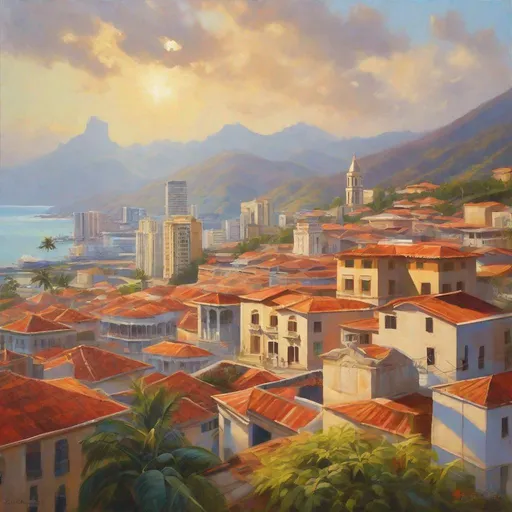 Prompt: Panama City historical center, streets, skyscrapers, mountains in the background, fortress on a hill, sunny, hot weather, hyperrealistic, extremely detailed painting by Greg Rutkowski by Steve Henderson 